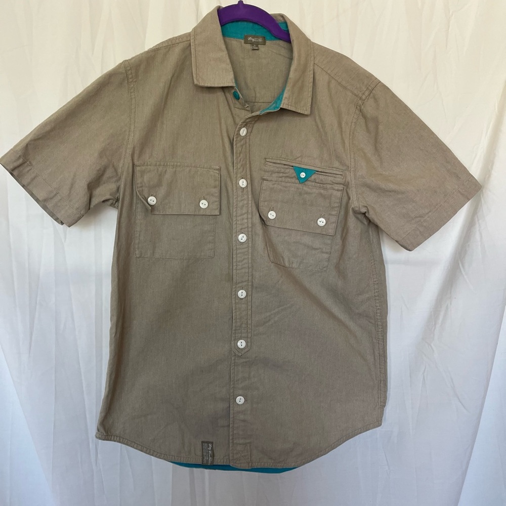 LRG Lifted Research Group Button Up Safari Shirt Short Sleeve Small Beige.